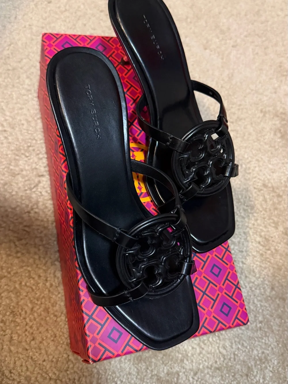 Tory Burch Black Leather Miller Logo Kitten Heel Slide Sandals